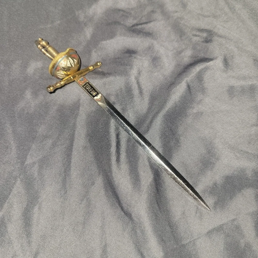 Vintage Toledo Spanish Rapier Sword Red Black Enamel Letter Opener Spain 6.75
